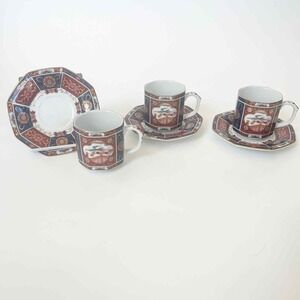 VTG Imari Teacup Coffee Demi Tasse Cup Saucer "Embroidered" 3 Cups 3 Saucers Set